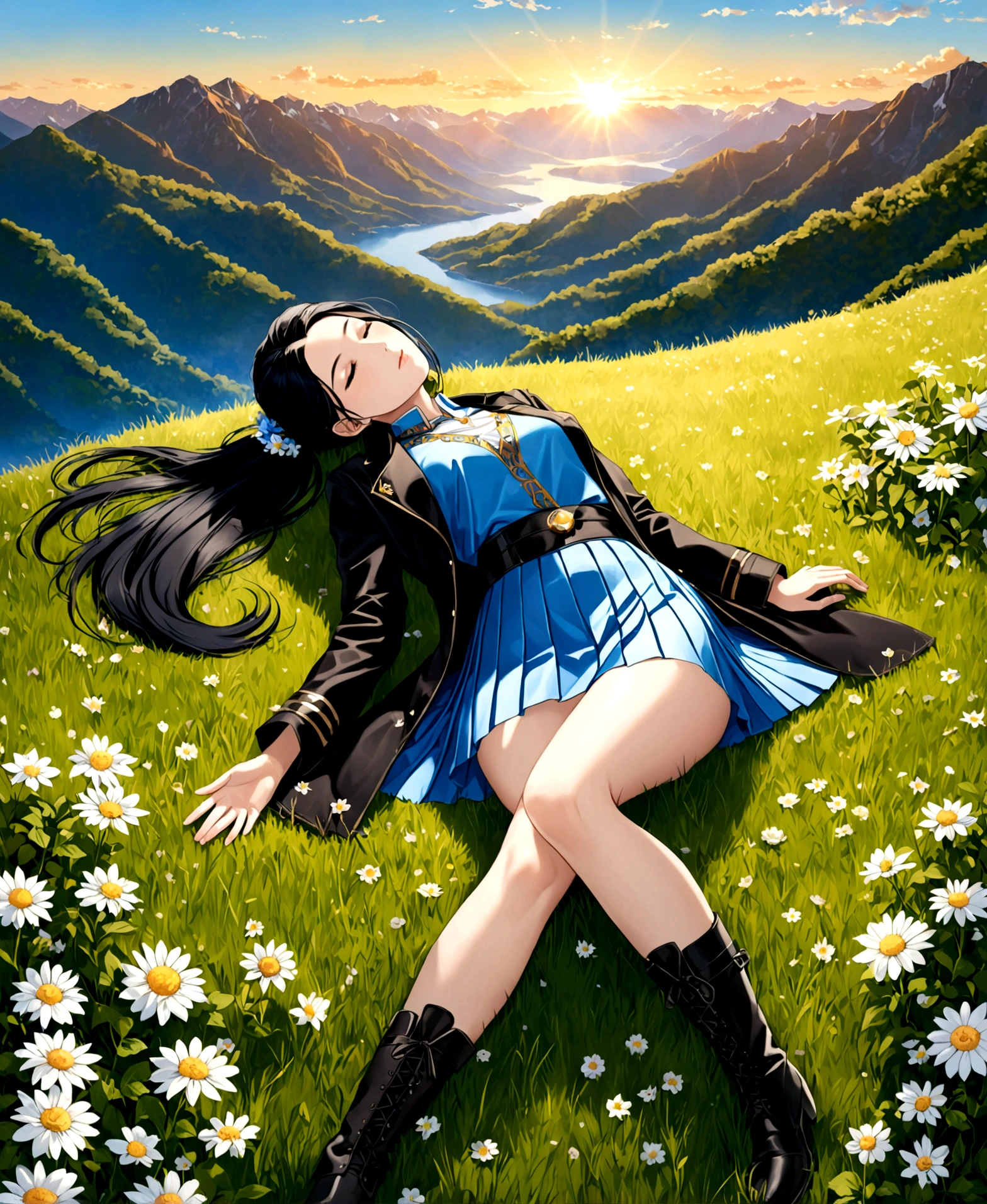 A beautiful woman, 18 years old, in a valley surrounded by mountains, lying on the grass stretching her arms, sunrise, sun emerging between the mountains, eyes closed, asleep, aerial view, superior focus, /(white skin, extremely long straight jet black hair combed in a ponytail, topaz blue eyes,), /(plain pleated mini skirt with flower patterns, light thigh-high stockings held up by garters, leather boots, full body coat, hair brooch,), /(shapely legs, athletic hourglass body, medium hips, medium waist, large chest, perfect tapered hands, triangular face, long fingers, Greek nose,),