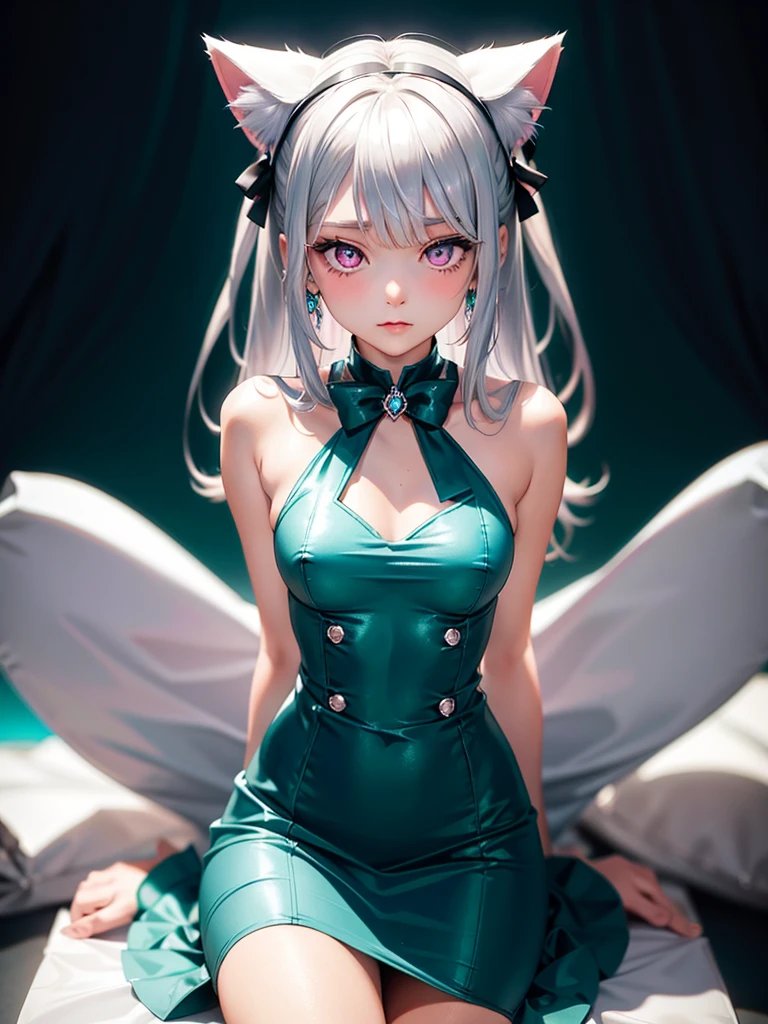 Silver hair, pink eyes, body, cat ears, sexy girl, earrings, background fantasy, teal green dress uniform, hair bows, sit down