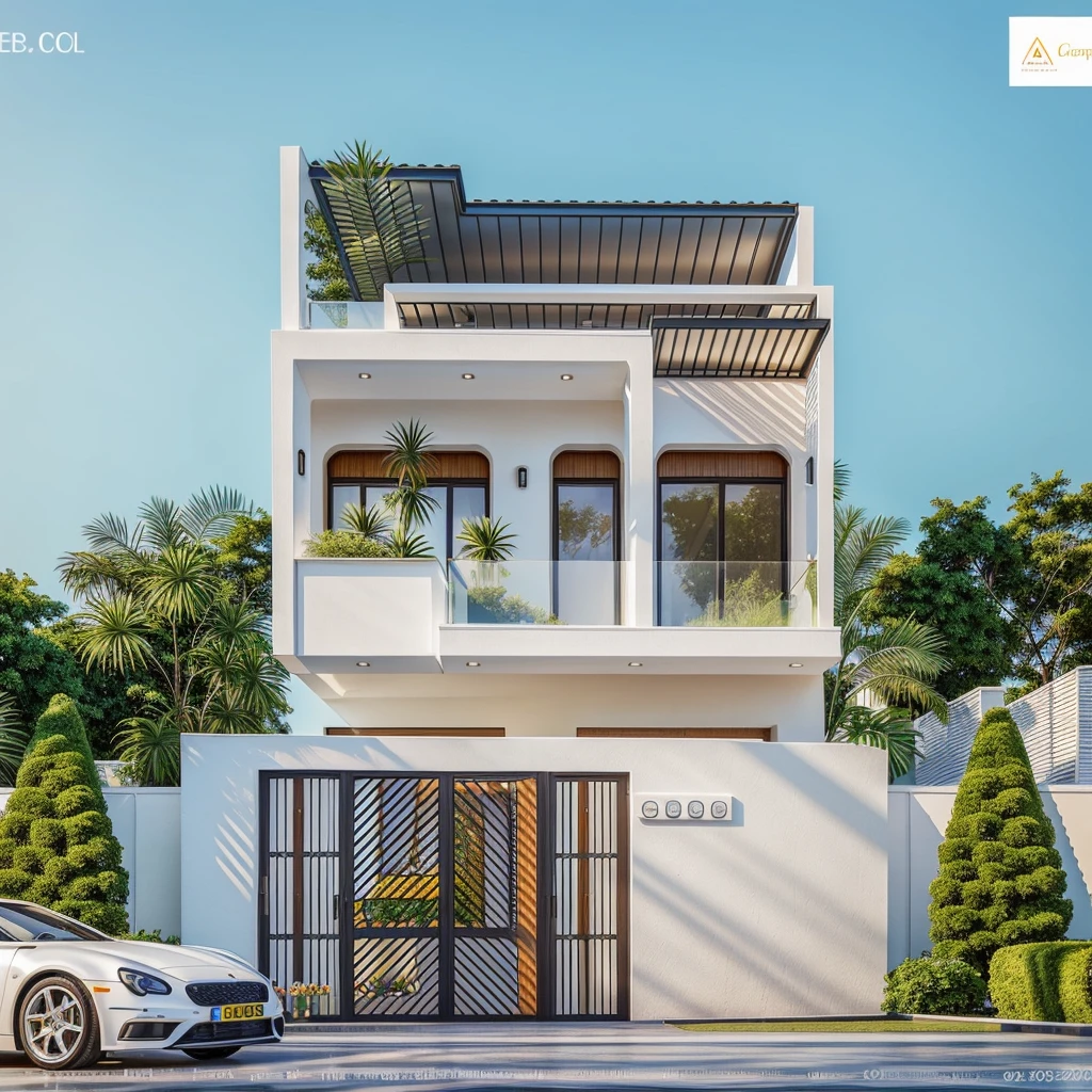 1 neoclassical style house, The town house is made from white walls, beautyful light, beautyfulday, sunny, Many red bougainvilleas along the road:1.3, lovely youthful feeling :1.2, sunlight at 12 noon, Very beautiful shadows