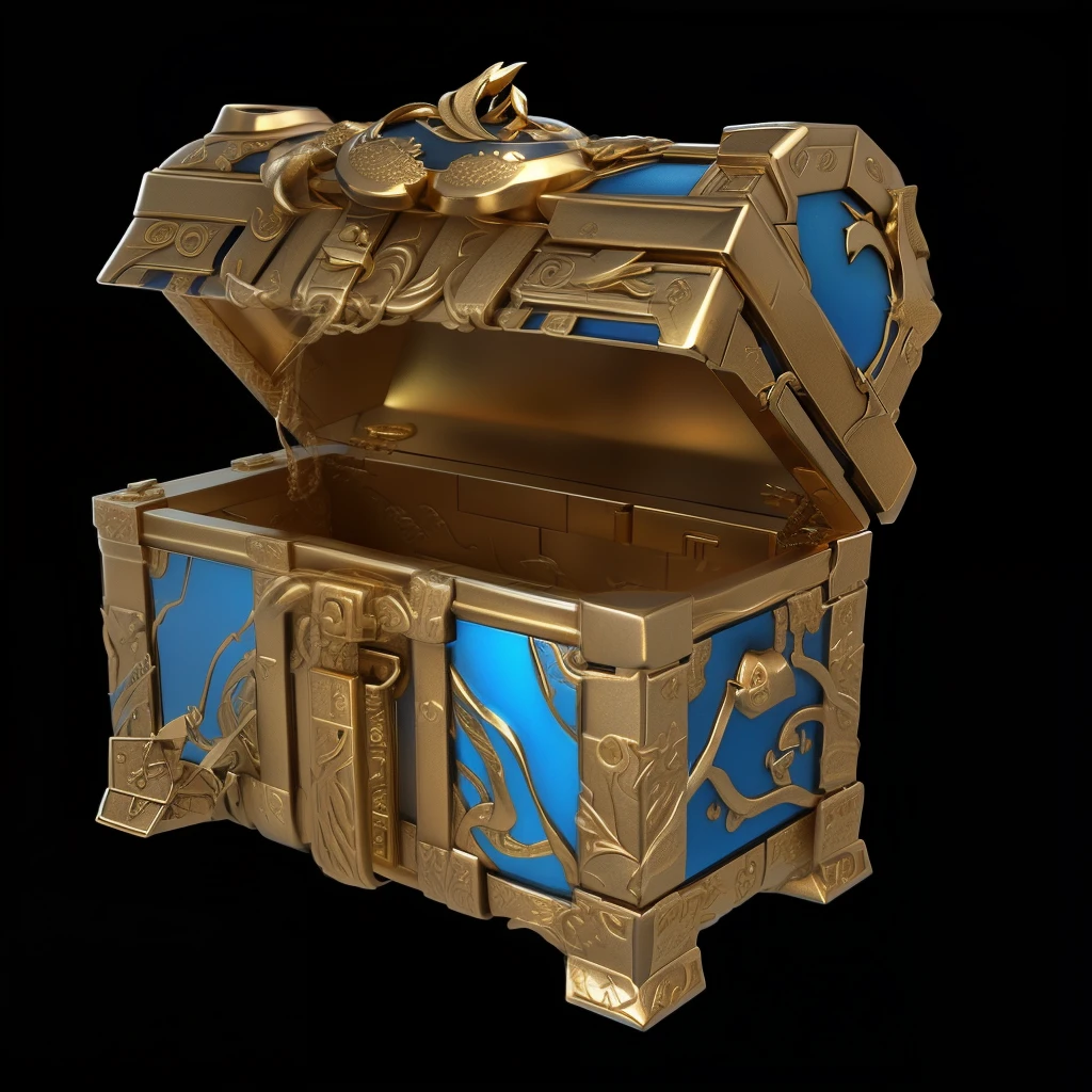 （打开的蓝色Treasure Chest金属边框：1），Treasure Chest，(Metallic luster)，(Metal Reflection)，Game Icon Assets, 3D Rendering, Object Art, Stylized game icons,Stylized art,3d icons for mobile games，Diablo concept style，