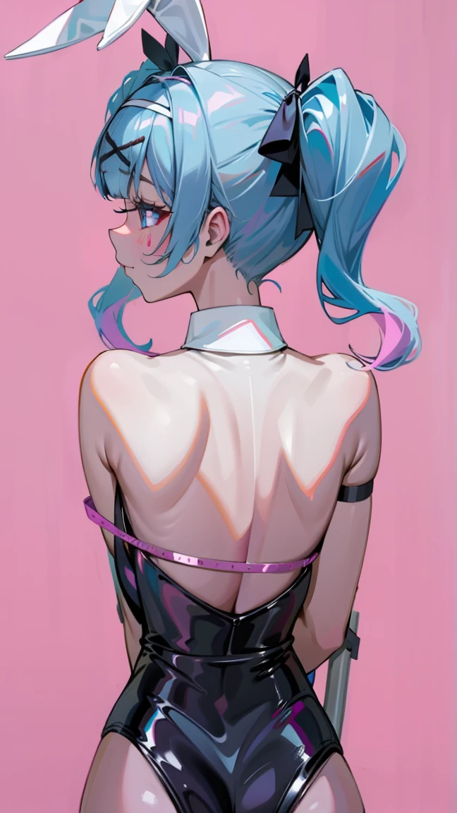 hatsune miku, hair ornament, blue hair, rabbit ears, playboy bunny, twintails, bangs, leotard, blue eyes, x hair ornament, detached collar, pink background, simple background,, (masterpiece, best quality, high quality, highres, ultra-detailed)Hatsune Miku, latex clothes, back view,아름다움 엉덩이,