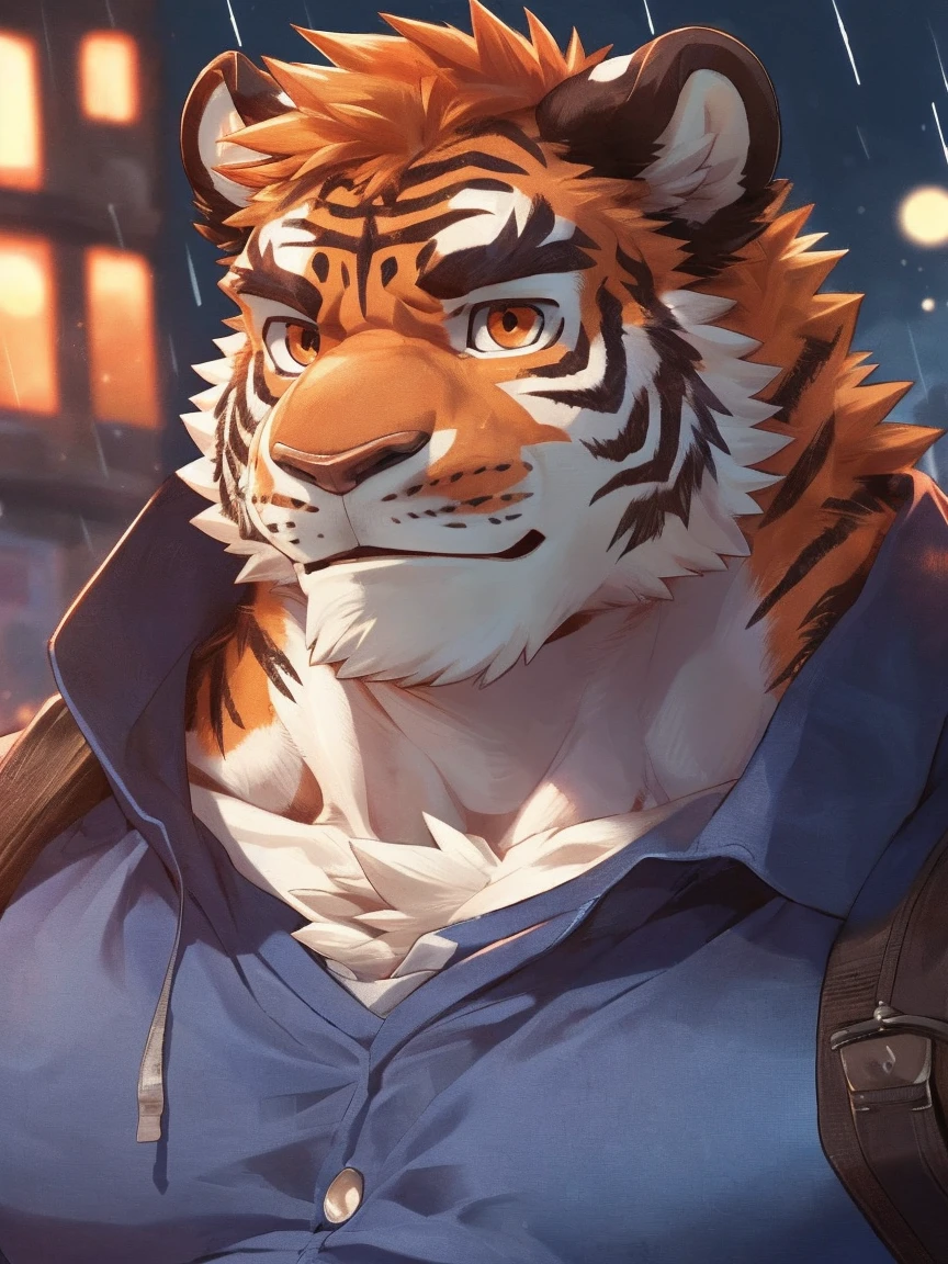 human nature, Wildlife, male,18 years old, solitary, ((Round Face, The face is plump,Orange eyes,Thick orange hair,With scars)), ((Endomorph, Handsome,Hot Blood)), (Sportswear,Light blue and white coat,Wear a sports cap), ((domestic tiger, tiger,) Fluffy fur, Fluffy), Bokeh, (high quality, high resolution, masterpiece), (Dynamic Lighting, Vibrant colors,Natural fill light), (Revitalize,harm,Disdain,aggressive), Full body picture (close up), cartoon, author:Takemoto Arashi, From zixiong, By Chunni, author:Empty Ghost,(background:Raining dead city)