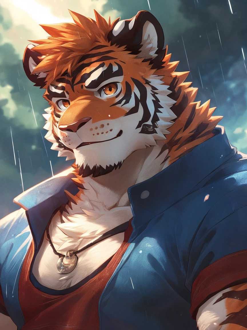 human nature, Wildlife, male,18 years old, solitary, ((Round Face, The face is plump,Orange eyes,Thick orange hair,With scars)), ((Endomorph, Handsome,Hot Blood)), (Sportswear,Light blue and white coat,Wear a sports cap), ((domestic tiger, tiger,) Fluffy fur, Fluffy), Bokeh, (high quality, high resolution, masterpiece), (Dynamic Lighting, Vibrant colors,Natural fill light), (Revitalize,harm,Disdain,aggressive), Full body picture (close up), cartoon, author:Takemoto Arashi, From zixiong, By Chunni, author:Empty Ghost,(background:Raining dead city)