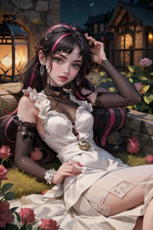 1 girl, a girl with bat wings, holding a red rose, succubus, a red roses on focus, red roses, black hair, pink hair, multicolored hair, bat choker, necklace, centered, bat jewelry, gothic scenery, Pink bat Jewelry, smile, vampire fangs, (looking at viewer), Draculaura_MH, wavy hair, solo, red roses, ornament hair, pink roses on her hair, bat ears on the top of the head, a vampire girl, holding a red rose, perfectly body, perfectly hands, pink hair, flowing hair, short hair, laying down on a grass, chinese garden style, oriental garden, a lake with white carpas on the background, gold lantern, black dress, chinese black dress, a dress with layers, short skirt, more details on her clothes, laying down, golden details, night, smiling, pink dress, garden scene, cowboy shot, luxury, gold details on her clothes, 1girl, dress, jewelry, maid clothes, maid, maid dress, maid apron, maid headdress, white apron, solo, black dress, gold lantern, Chinese style, Chinese lanterns, Chinese maid dress, laying down on the grass, black gloves, black socks, white laces, pink shoes, gold details on her clothes, cat ears, animal ears, garden, roses, more details, best quality