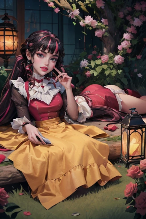 1 girl, a girl with bat wings, holding a red rose, succubus, a red roses on focus, red roses, black hair, pink hair, multicolored hair, bat choker, necklace, centered, bat jewelry, gothic scenery, Pink bat Jewelry, smile, vampire fangs, (looking at viewer), Draculaura_MH, wavy hair, solo, red roses, ornament hair, pink roses on her hair, bat ears on the top of the head, a vampire girl, holding a red rose, perfectly body, perfectly hands, pink hair, flowing hair, short hair, laying down on a grass, chinese garden style, oriental garden, a lake with white carpas on the background, gold lantern, black dress, chinese black dress, a dress with layers, short skirt, more details on her clothes, laying down, golden details, night, smiling, pink dress, garden scene, cowboy shot, luxury, gold details on her clothes, 1girl, dress, jewelry, maid clothes, maid, maid dress, maid apron, maid headdress, white apron, solo, black dress, gold lantern, Chinese style, Chinese lanterns, Chinese maid dress, laying down on the grass, black gloves, black socks, white laces, pink shoes, gold details on her clothes, cat ears, animal ears, garden, roses, more details, best quality