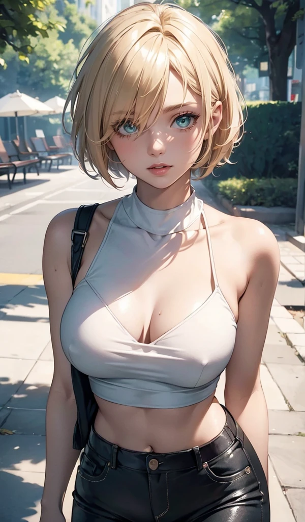 Please follow the all prompts below exactly and faithfully, This is a breathtaking masterpiece of digital illustration, with maximum resolution, UHD, 512K, 2160p, 10 million ppi, 300 million dpi, natural color tones, ultra sharp details, perfect outlines with contrast, (smooth, soft and clearly and most realistic skin and hair texture), most beautiful detailed eye features, perfect anatomically correct human body, beautiful background with depth, rule of thirds, depth of field, Maximize all element is used to its full potential to create the best digital illustrations,
A very sexy and elegant woman with a perfect body style, a beautiful sharp face, slim figure, gravity-defying large breasts, beautiful green eyes, (shiny blonde shaggy cut short hair covering one eye), glossy, sensual, very glossy thick lips with striking pink lipstick, She is walking through a dazzlingly sunny park wearing casual clothing: a baseball cap on her head, a tiny tank top that clings so tightly that her body lines are clearly visible, half-length cargo pants, and white sneakers,