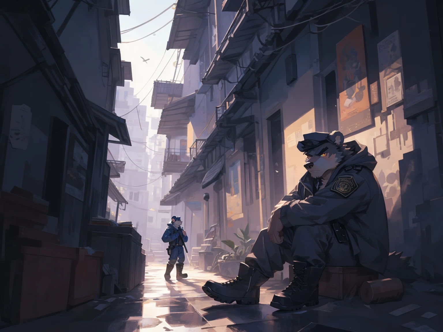(masterpiece:1.2), best quality,pixiv,official art,perfect ???????, (Ray tracing, light),solo, (1_male:1.3) , (muscle), (grey fur:1.4), (muscle bear), (beard:1.2), (gleaming golden eyes), bear tail, Thick black eyebrows, (open hooded parka) , (naked inside:1.2), cargo pants, (boots:1.2), (in the highfloor apartment: 1.3), iElusive Drug Lord, Chapo Guzman, Clad in Hoodie and Marlboro Hat, Wielding an Assault Rifle, Sitting atop a Saddle-Mounted Horse, Anime-inspired Render, Realistic Detailing, Expressive Eyes, Rough Textures, Shadowy Composition, Subdued Color Palette, (Outdoor Setting: 1.0), Smoke Curling from Weapon Barrel, (Dark Background: 0.9), Dramatic Lighting, (Chronically Wanted Criminal: 1.4), (Gritty and Intense: 1.1), (Determined)