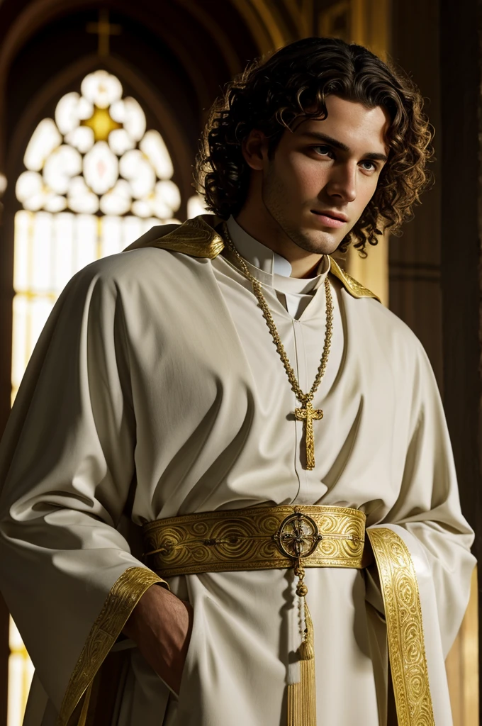 A young Catholic priest, 24 years old. Northern Spanish European decent. Clean shaven. Green eyes, thin lips. Roman nose shape. Medium length, light brown, curly hair. He is holding a rosary and looking pensive, wearing a white and gold chasuble. He is handsome. He is innocent-looking but has a dark side. Cinematic lighting. Photorealistic.