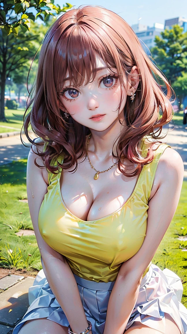 (Masterpiece, BestQuality:1.3), (ultra detailed:1.2), (hyperrealistic:1.3), (RAW photo:1.2), High detail RAW color photo, professional photograph, (Photorealistic:1.4), (realistic:1.4), professional lighting, perfect anatomy, (Big Breasts:1.2), (blush, detailed face), (cheerful Smile:1.5), Trending Hair&Trending Hairカラーをランダムに, earrings, necklace, bracelet, sexly, erotic sexly, Random sexy gravure poses, (A woman wearing a yellow summer top and a white skirt、She is posing for sexy photos with a happy smile while enjoying a picnic in the park.。Her pink curls are swaying gracefully.。:1.3)