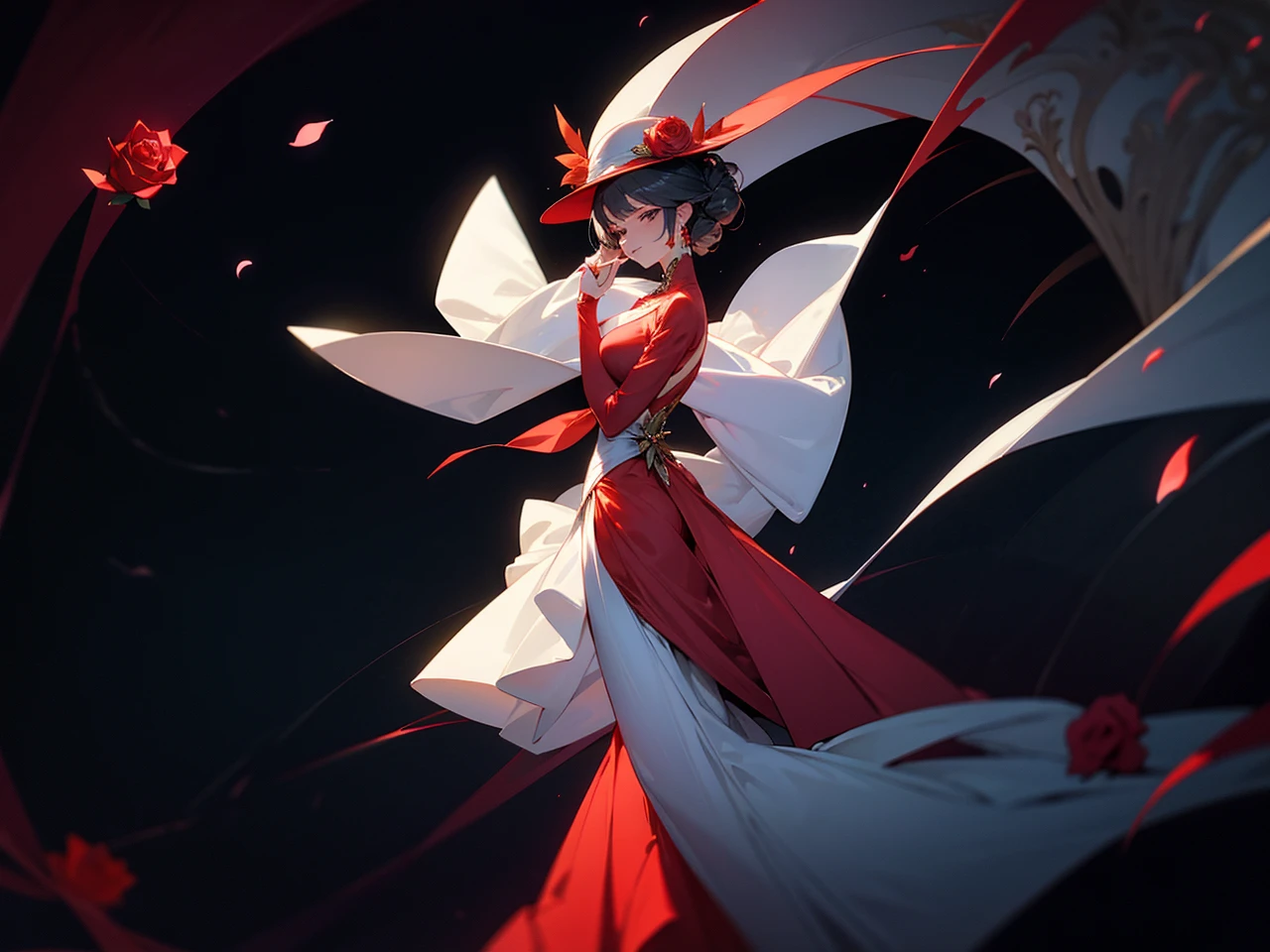 A mature and youthful anime woman, seductive and elegant personality, in a long red and white classy gown, with long sleeve and a really long train attached to her dress, and she is also wearing a hat, pose with a portrait like image, her shoulders up, one hand holding a rose, the other hand stroking her chin gently, and facing towards her from the her back view