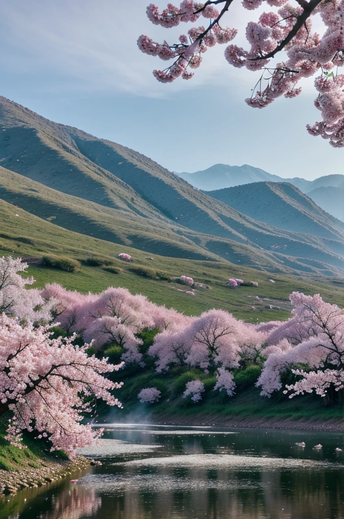 A cinamatic photography of A beautiful vally .Beautiful cherry branches full with cherrys and cherry flowers morning scene  in full screen.water drops on them full screen