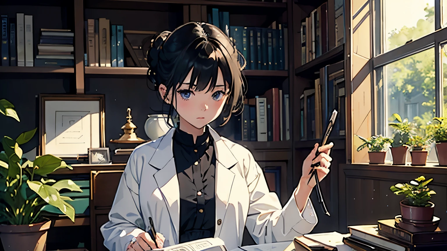 (Highest quality、masterpiece、High resolution)、(Sargent-style watercolor)、(Anime Art)、Cinematic Light、Soft Light、((1 Girl))、20-year-old、((With documentation、Stand against a wall))、Black Hair、short hair、semi-long、Put your hair up、((Wearing a white coat))、(uniform、Long skirt)、A sophisticated look、Small breasts、Anatomically correct hands、whole body、graduate school、Large bookshelf、specimen shed、Mineral specimens、Insect specimen microscope、Laboratory instrument、Foliage plant、 Blur the background、I have a book