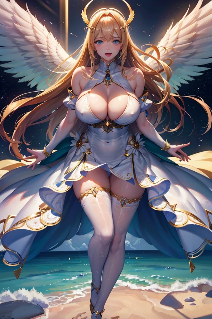anime、最high quality, high quality, 8K、High resolution,Highest quality、solo、Adult woman in white bikini with wings on her chest,Blonde hair and blue eyes、Plump、Thighs、From below、Open Mouth Smile、super Wide Angel, animeの女神, Majestic angel all over the body, Wide Angel, Highly detailed art gems, Spectacular angles and poses, Beautiful angel, Huge and stunning goddess shots, chic, Angela White, Tall female angel, 美しく魅力的なanimeの女性, Angel Knight Girl, She has angel wings on her back