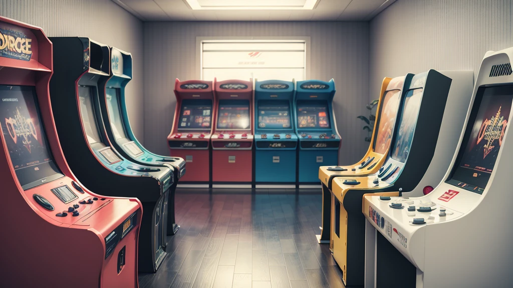 Arcade machine, white room, distant view, HDR, 4K.