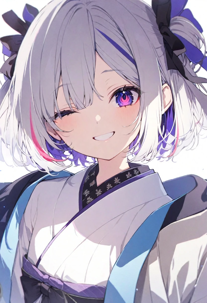 (muste piece), (best quality), very detailed eyes, expressive eyes, perfect face, very detailed face, highly detailed face, beautiful girl, 8K, beautiful girl, white background background, delicate and beautiful face and eyes, dark intense shadow,
1 girl, vtuber style, cool girl, hololive, amane kanata, streaked hair, short hair, Gorgeous kimono, wearing Haori, japanese hair accessories, small chest, one eye close winking, smile, (full body), (whole body), looking at viewer, standing,
