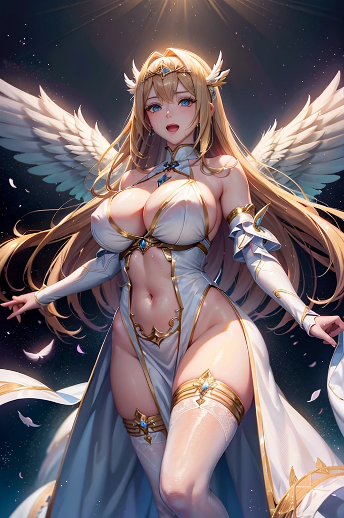 anime、最high quality, high quality, 8K、High resolution,Highest quality、solo、Adult woman in white bikini with wings on her chest viewed from below,Blonde hair and blue eyes、Plump、Thighs、Open Mouth Smile、super Wide Angel, animeの女神, Majestic angel all over the body, Wide Angel, Highly detailed art gems, Spectacular angles and poses, Beautiful angel, Huge and stunning goddess shots, chic, Angela White, Tall female angel, 美しく魅力的なanimeの女性, Angel Knight Girl, She has angel wings on her back
