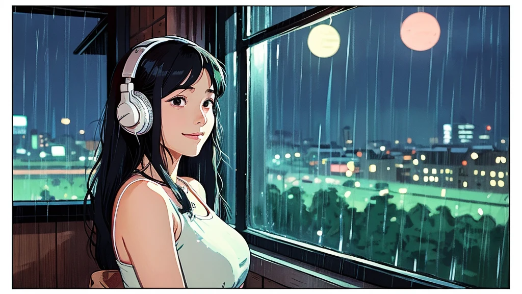 night、Girl listening to music in a cozy room, Use headphones, 2D Style Anime, Rain outside the window、Analog Color Theme、Ghibli style、neon, close up, detailed background, chill, rain outdoor, detailed face, smile, long hair, large breast, white crop,((crop top)), crop, city light, bare shoulder, detailed armpit, cleveage