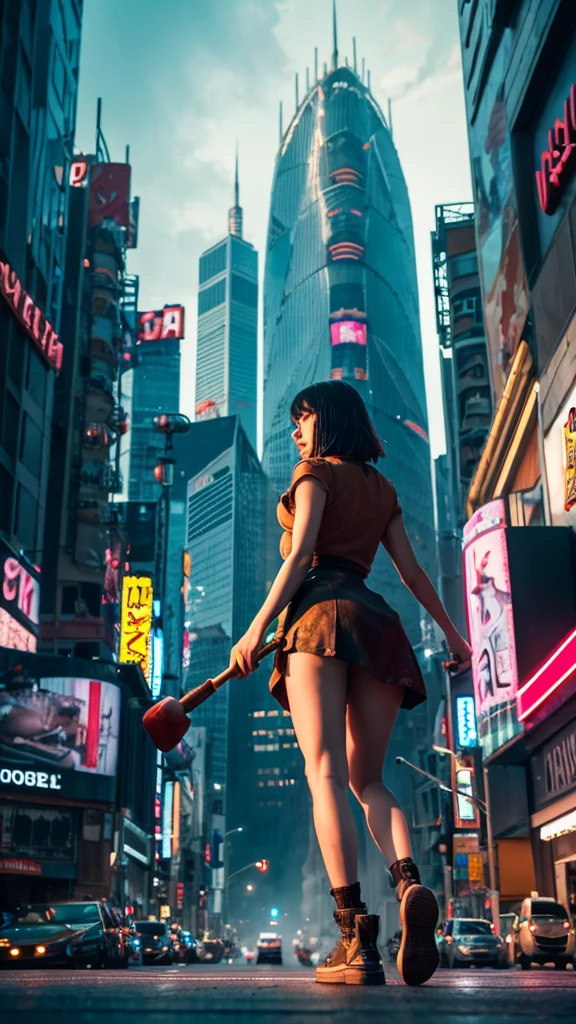 The giant girl wields a hammer and destroys the city,A giant woman in a lying on top of a cyberpunk city, Wear short skirts,Little guys running around the giant girl,The little person panicked and ran away,Many cars pass by, Standing on her hand, cgsociety 9, 2. 5 d cgi fantasy art, engine rendering unreal + a goddess, full body cgsociety, artgerm ; Hyper realistic 3d content, giant art, super detailed 3d matte paintings, super detailed 3d matte paintings, realistic fantasy art, realistic 3 d anime style. Beautiful girl. Big thighs."The boy stood on the top of a high-rise building waving to the girl". Color ultra 4k.The little person panicked and ran away.Giant attack.Shibuya,tokyo.