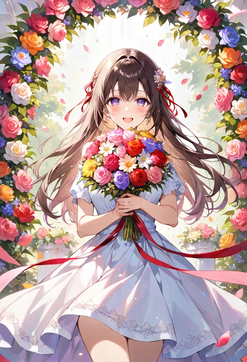 masterpiece, best quality, ultra detailed, sparkling eyes, Generate a scene featuring a girl surrounded by vibrant celebration flowers, each bloom exuding joy and exuberance. Envision her amidst a colorful array of blossoms, her expression radiant and filled with delight as she embraces the festive atmosphere. Whether she's holding a bouquet of flowers or dancing among floral decorations, capture the essence of her joyful celebration and the beauty of the blooming flowers that adorn her surroundings.