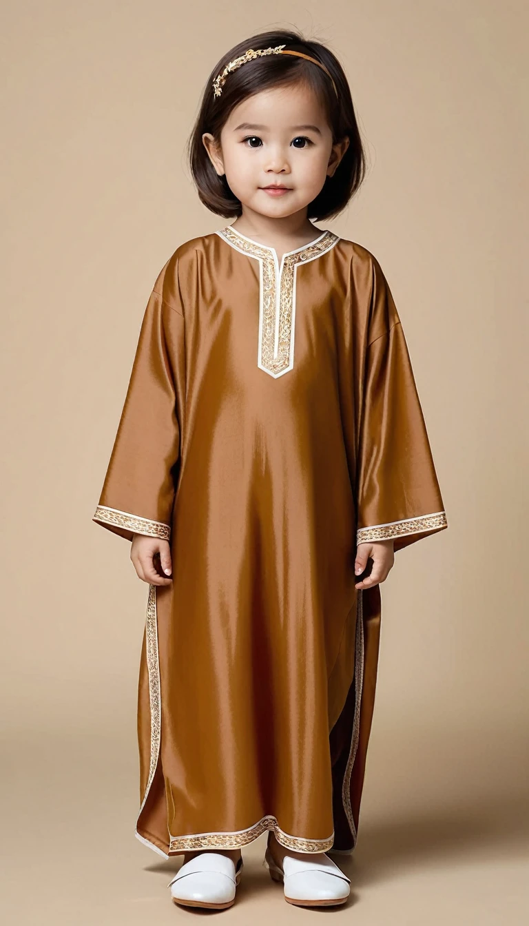 make a daughter about , height 78 cm, Short hair, side part model, wearing a long-sleeved, walnut-colored caftan, wear white shoes, full body, Indonesian children, portrait view