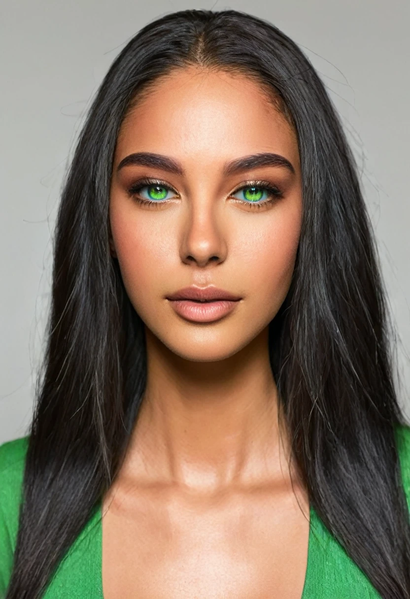 A beautiful woman, beautiful Latin face, young Brazilian Nyvi Estephan, Brazilian supermodel, serene and elegant beauty, Angolan descent, young adult 30 years old, nerdy woman, tall woman, a stunning black woman, with indigenous features, beautiful indigenous girl, native Brazilian, ((A European ebony indigenous African girl)), ((her beauty is undeniable)), beautiful young dark skinned ebony, tanned Mexican, long blue hair, straight blue hair, asymmetrical cut can add a modern and stylish touch . has an exotic beauty with beautiful green eyes, green realistic eyes, bright green eyes, ultra detailed green eyes, ultra realistic green eyes, natural green eyes, ultra detailed iris, perfect eyes, perfect iris, hyper realistic eyes, eyeliner, long eyelashes and defined, penetrating gaze that conveys confidence, striking, powerful expression, strong presence, striking makeup, full, voluminous lips, seductive lips, captivating, striking, unforgettable, dazzling, mischievous smile, wide smile, your features are captivating, subtle smile on your lips , beautiful and detailed face, detailed skin texture, Notice her perfectly shaped eyebrows, which arch gracefully above her eyes, small nose that is proportionate to her face, and soft contour of her face that accentuates her high cheekbones. Beautiful and glowing skin, intricate details, smooth skin, healthy and radiant appearance, Attractive slim woman, Average bust, Average and beautiful breasts, athletic physique, flat stomach, slim waist, huge hips, wide hips, big ass, thick thighs, legs shapely concept art .3D 4k, high resolution, full sharpness photo realistic, breathtaking, Lentille nette, Photographie professionnelle, Objectif 70mm, Unreal Engine 5, wallpaper, colorful, art, (Hdr: 1.5), hyper-detailed, (ArtStation: 1.5) rich color, hyper-realistic, realistic texture, (dramatic lighting), Cinestill 800