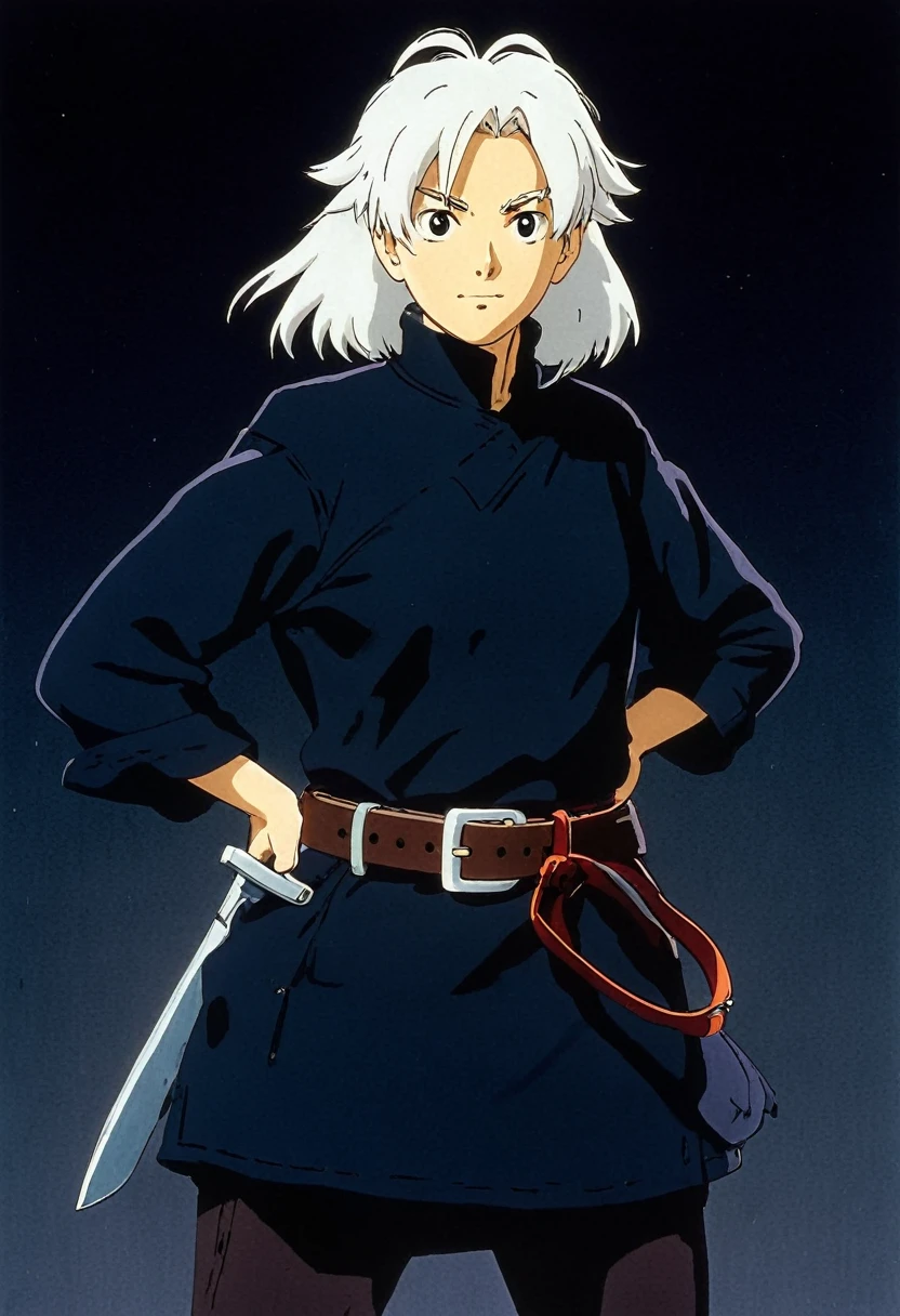 A Ghibli's studio character. With messy white hair and dark large clothes. Her belt is large and hold some knife. Her face is clean