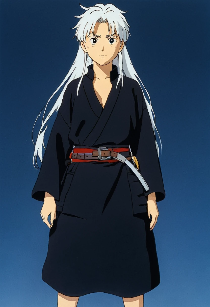 A Ghibli's studio character. With messy white  hair and dark large clothes. Her belt is large and hold some knife. Her face is clean