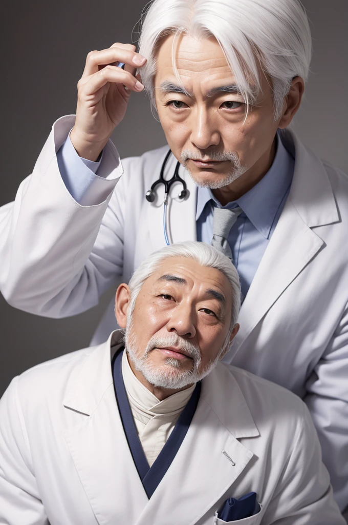 Create a white hair Japanese doctor