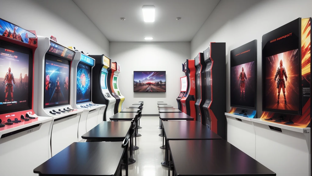 High-resolution 4K arcade machine in a white room, distant perspective, HDR.