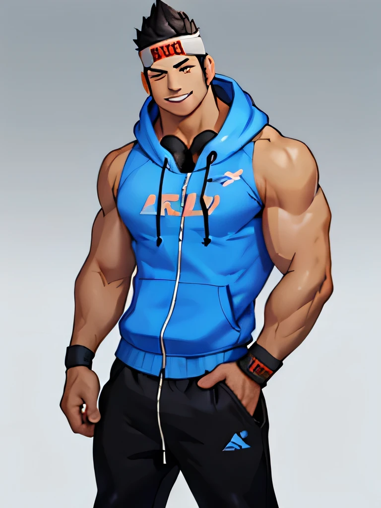 lee (gyee), solo, looking at viewer, smile, short hair, shirt, black hair, 1boy, jacket, male focus, pants, black shirt, hoodie, headband, thick eyebrows, hood down, spiked hair, blue jacket, hooded jacket, sideburns, hands in pockets, headphones around neck, sleeveless jacket, sleeveless hoodie, transparent background, lean male