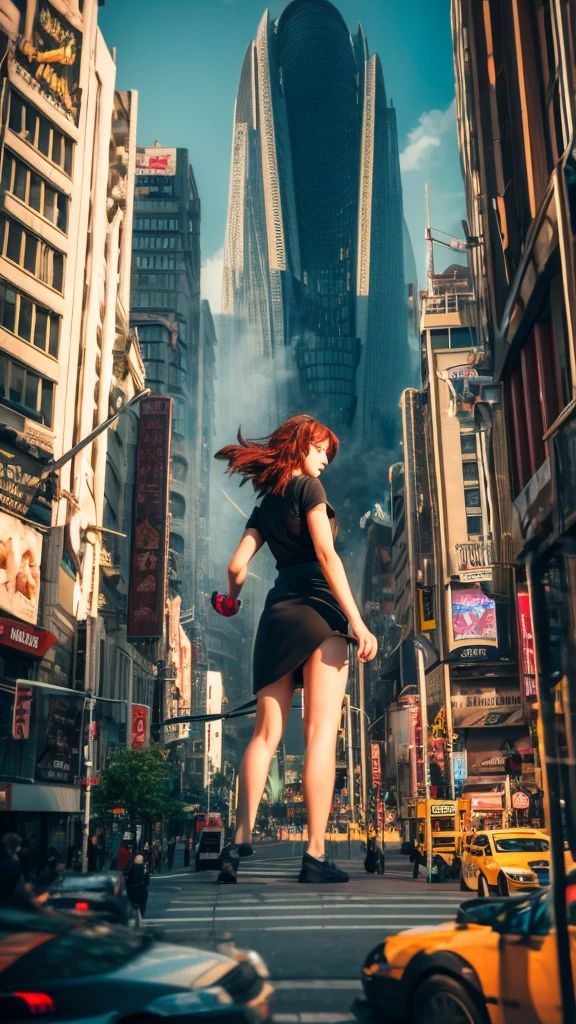 The giant girl wields a hammer and destroys the city,A giant woman in a lying on top of a cyberpunk city, Wear short skirts,Little guys running around the giant girl,The little person panicked and ran away,Many cars pass by, Standing on her hand, cgsociety 9, 2. 5 d cgi fantasy art, engine rendering unreal + a goddess, full body cgsociety, artgerm ; Hyper realistic 3d content, giant art, super detailed 3d matte paintings, super detailed 3d matte paintings, realistic fantasy art, realistic 3 d anime style. Beautiful girl. Big thighs."The boy stood on the top of a high-rise building waving to the girl". Color ultra 4k.The little person panicked and ran away.Giant attack.Shibuya,tokyo.