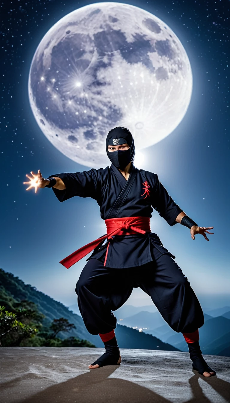 A ninja in a dynamic pose throwing a shuriken, facing forward. The ninja has one arm fully extended forward, releasing the shuriken, and the other arm is pulled back, adding to the motion of the throw. Behind the ninja, a large full moon glows brightly in the night sky. The ninja is dressed in traditional black attire, with a focused and intense expression. The scene is illuminated by the moonlight, with stars faintly visible in the background.