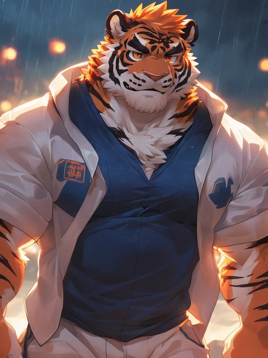 human nature, Wildlife, male,18 years old， solitary, ((Round Face, The face is plump,Orange eyes,Thick orange hair，With scars)), ((Endomorph, Handsome，Hot Blood)), (Sportswear，Light blue and white coat，Wear a sports cap), ((domestic tiger, tiger，) Fluffy fur, Fluffy), Bokeh, (high quality, high resolution, masterpiece), (Dynamic Lighting, Vibrant colors，Natural fill light), (Revitalize，harm，Disdain，aggressive), Full body picture (close up), cartoon, author：Takemoto Arashi, From zixiong, By Chunni, author：Empty Ghost，（background：Raining dead city）