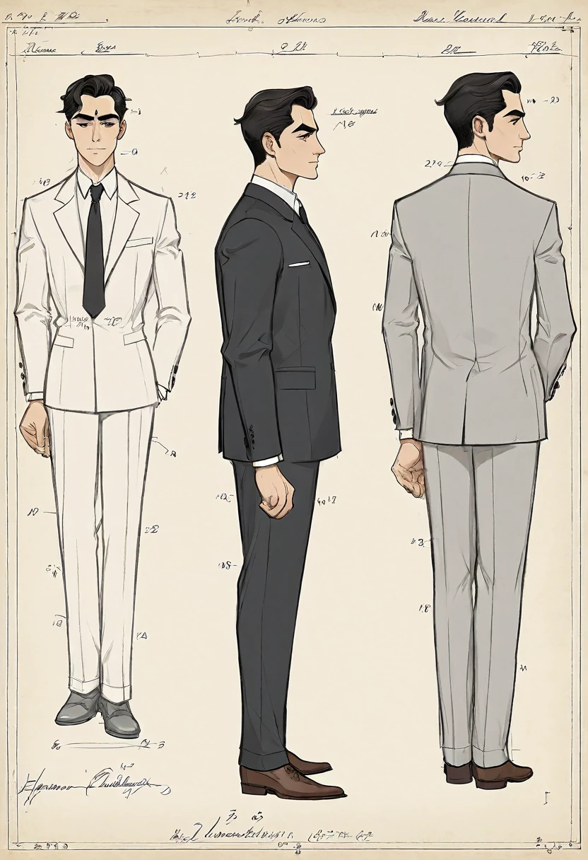 Make a technical drawing showing the character from the front, back and side: Herman Gerhard, 32 years old, is a man of 1,78 m and 92 kg, with light brown eyes and black hair. and a cropped eyebrow. His slightly hunched posture and business attire reflect his unpretentious style.. Psychologically, He's a mild sociopath, antisocial, hyperactive and ambitious, who fears not being the best at their job. Works as a nuclear scientist for the KGB, motivated by scientific advancement and Soviet supremacy. smart, but with little dexterity and charisma, Herman is cold and calculating under pressure, equipped with spying devices and a revolver.