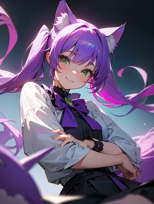 high resolution、girl、Age 25、adult、Purple twin tails、Fantasy、(Cat ears)、smile、Squint your eyes、purple and green odd eyes