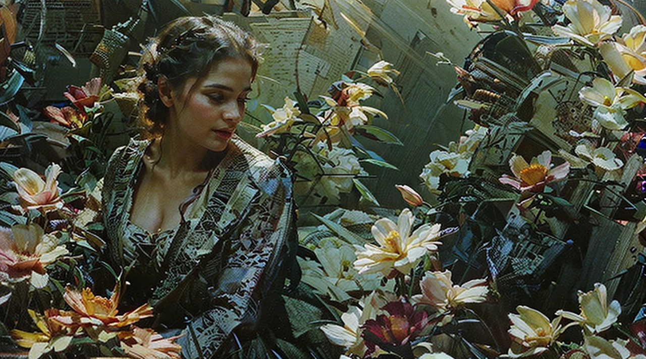 A beautiful medieval woman, flowers, cyberpunk, tiger, detailed digital illustration, hyper realistic, 8K, masterpiece, cinematic lighting, dramatic colors, intricate details, surreal atmosphere, photorealistic, concept art, sharp focus