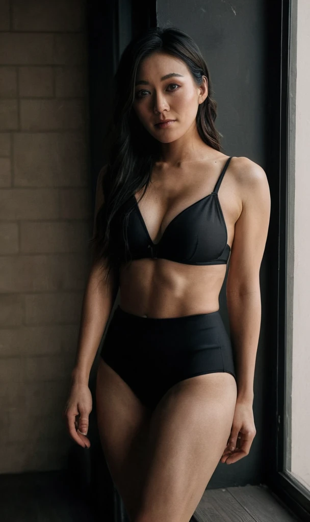 a beautiful picture of haraXL ,woman,dark hair,detailed skin texture,masterpiece, photorealistic, light, RAW color photo,full body, (blush:0.5), (goosebumps:0.5),wearing a black bikini and a black leggins, detailed face,indoors, (smile:0.5), film grain,cinematic lightning