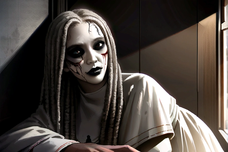 Asian woman with long white hair, A nun from a horror movie. best qualityer, work of art, ultra high resolution, (photorrealistic: 1.5), CRU photo, Off The Shoulder, in dark, deep shadow, inconspicuous, cool light, dreadlocks, grim,unholy, discreet and dirty white dress,hair and skull face paint, corpse, hooded cloak, skull face paint,