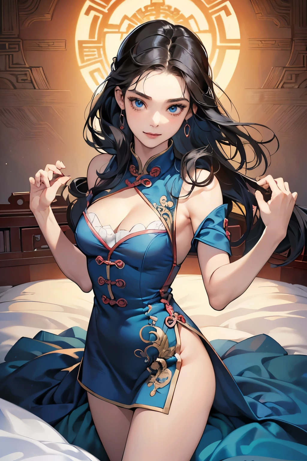 (Tabletop, Digital Art, Digital Illustration, 4K, 8K, Very detailed, Beautiful images, Clear images, Realistic, RAW Photos, Perfect Face, Perfect Lines, Perfect Eyes, Big eyes、Soft lighting),masterpiece, best quality, 1 girl, 独奏, small breasts, forehead, black hair, long hair, black chinesedress, mini skirt, blue eyes, leaning forward, smile, (close-up breasts:1.2), cleavage, (Beijing:1.2),bare shoulders, china dress, chinese clothes, short dress, cleavage cutout, sideboob, thighs, on bed ,show off breasts,show off breasts,(1 boy, pov hands, grab breasts:1.5),