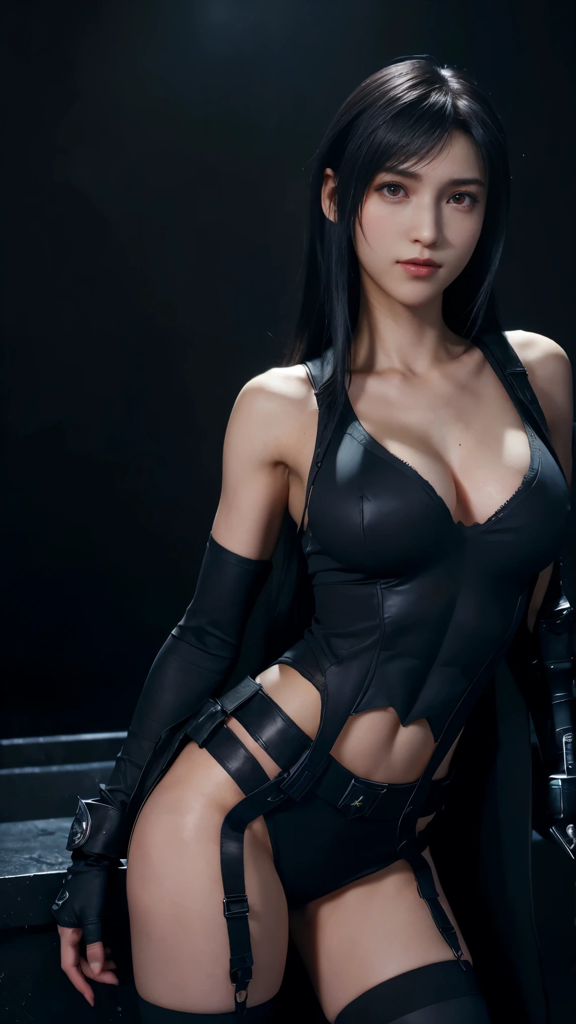 There is a woman in latex holding a pair of scissors, alluring tipha lockhart portrait, Charming Tifa Lockheart, The temptation of plumpness,White skin of the,Tifa Lockhart, ff Tifa, tifa lockheart, tifa lockhart portrait, portrait of tifa lockhart, Delicate skin, Beautiful female model, wearing black latex clothing