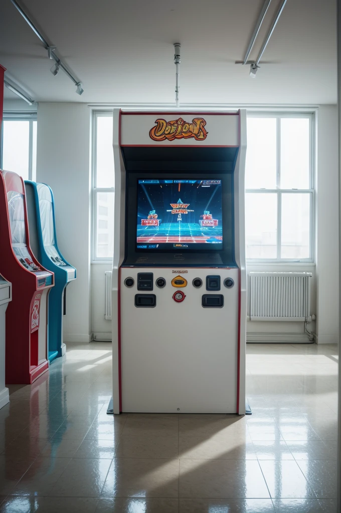 An arcade machine in an empty white room, distant view, HDR, 4K.