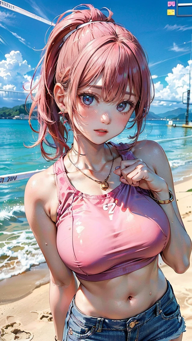 (Masterpiece, BestQuality:1.3), (ultra detailed:1.2), (hyperrealistic:1.3), (RAW photo:1.2), High detail RAW color photo, professional photograph, (Photorealistic:1.4), (realistic:1.4), professional lighting, perfect anatomy, (Big Breasts:1.2), (blush, detailed face), (cheerful Smile:1.5), Trending Hair&Trending Hairカラーをランダムに, earrings, necklace, bracelet, sexly, erotic sexly, Random sexy gravure poses, (A woman wearing a pink crop top and denim shorts、She is posing for a sexy photo shoot with a happy smile while playing beach volleyball.。Pink hair ponytail swinging。:1.3)
