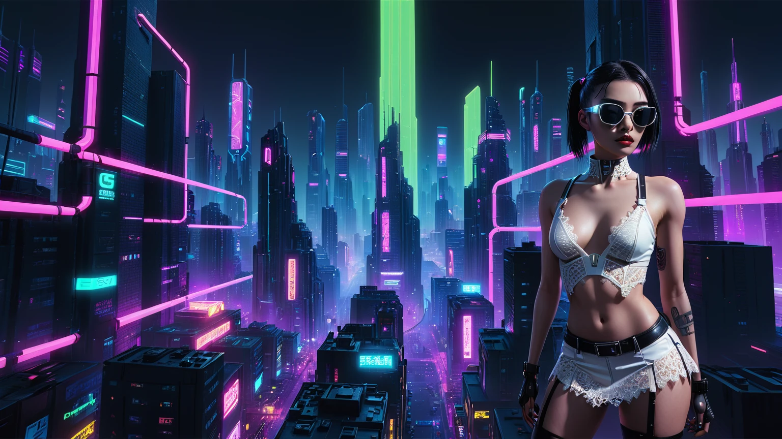 (((1woman, solo))), rainbow light, 3d neon art of a woman's body, cyberpunk femme fatale, seductive cyberpunk dark fantasy, cyberpunk 20 y. o large-breast model girl, (((with black miniskirt and white lace panty, with matrix style black micro sunglasses))), oppai cyberpunk, banner, high definition cgsociety, cgsociety masterpiece, trending on cgstation, kda, (((((aerial view))))) image of neon-noir cyberpunk city in the background.