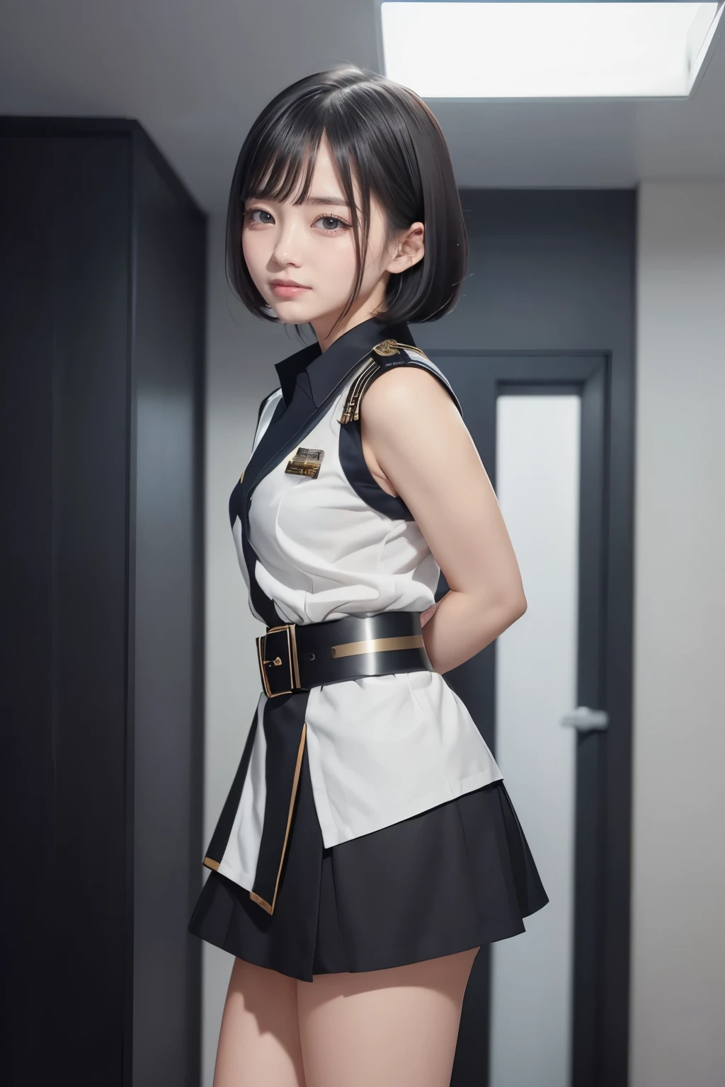 One girl、short hair（淡いblack）、Navy uniform（white）、Epaulettes（white、black、gold）、belt、mini skirt（black）、Buckled short boots（black）、Small room、Narrow Passage、On board、Piping in the ceiling、Room Information、Back view、Retrospective、While walking、smile
