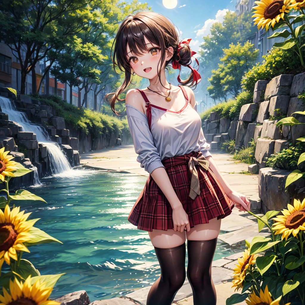 Red, brown, gold, gold hair、Golden Eyes、Hair tied up、One good looking girl、solo、anime、Checkered mini skirt、Ruffles on the skirt、camisole、Lightweight cardigan、Black knee-high socks、Wearing a baseball cap、Ribbon、Ribbon on waist、Teeth are visible、Silver coin necklace、shine、From above、Sparks are flying、tunnel、Cobblestones、waterfall、Clear Stream、Sunflower field、Have sunflowers、Midnight Moon、Winding Road、Unlocking、Saying thank you