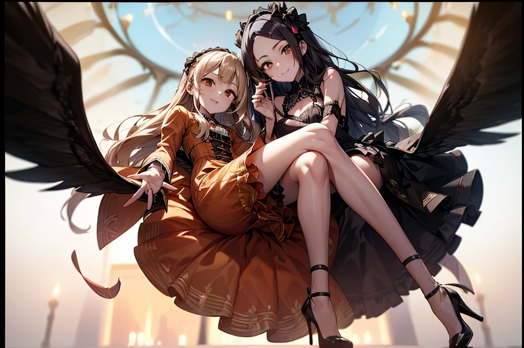 ((Biologically correct limb count))、((whole body including face))、4K、Masterpiece、((Focus on the face))、((Symmetrical, well-proportioned facial features))、Eyes with delicate depictions、(((One beautiful woman)))、Outstanding style、Slender Body、((Gothic ta、Orange Dress、(High heels)))、(smile)、(Close-up photo of the lower body)、Low - Angle、Look Up、Photo with white border、looking at the camera、Strike a pose for the camera