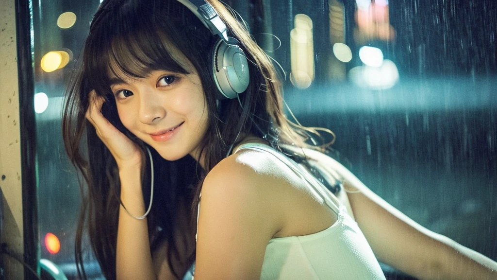 night、Girl listening to music in a cozy room, Use headphones, 2D Style Anime,  Rain outside the window、Analog Color Theme、Ghibli style、neon, close up, detailed background, chill, rain outdoor, detailed face, smile, long hair, large breast, white crop,((crop top)), crop, city light, bare shoulder, detailed armpit, cleveage, nipple