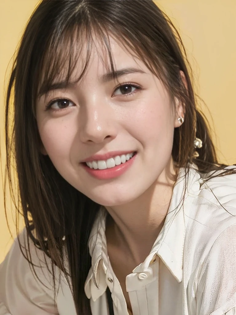 raw photo, 1girl, medium breast, collared blouse, White blouse、light smile, detailed skin, pore, simple background, anatomically correct、Upper body、White blouse、, photorealistic, masterpiece, best quality, UHD