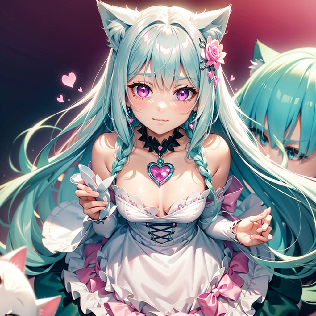 Silver hair, pink eyes, body, cat ears, girl, earrings, heart flower background fantasy, princess, godly, hair bows, happy face, teal green dress, cats background 