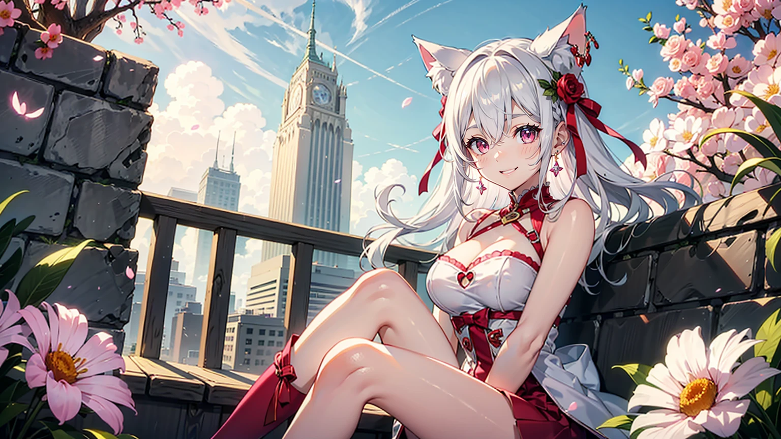 Silver Hair, Pink Eyes, Body, Cat ears, Sexy Girls, earrings, Flower sky background, Pink Red , Hair accessories, sit down, Smiley Face